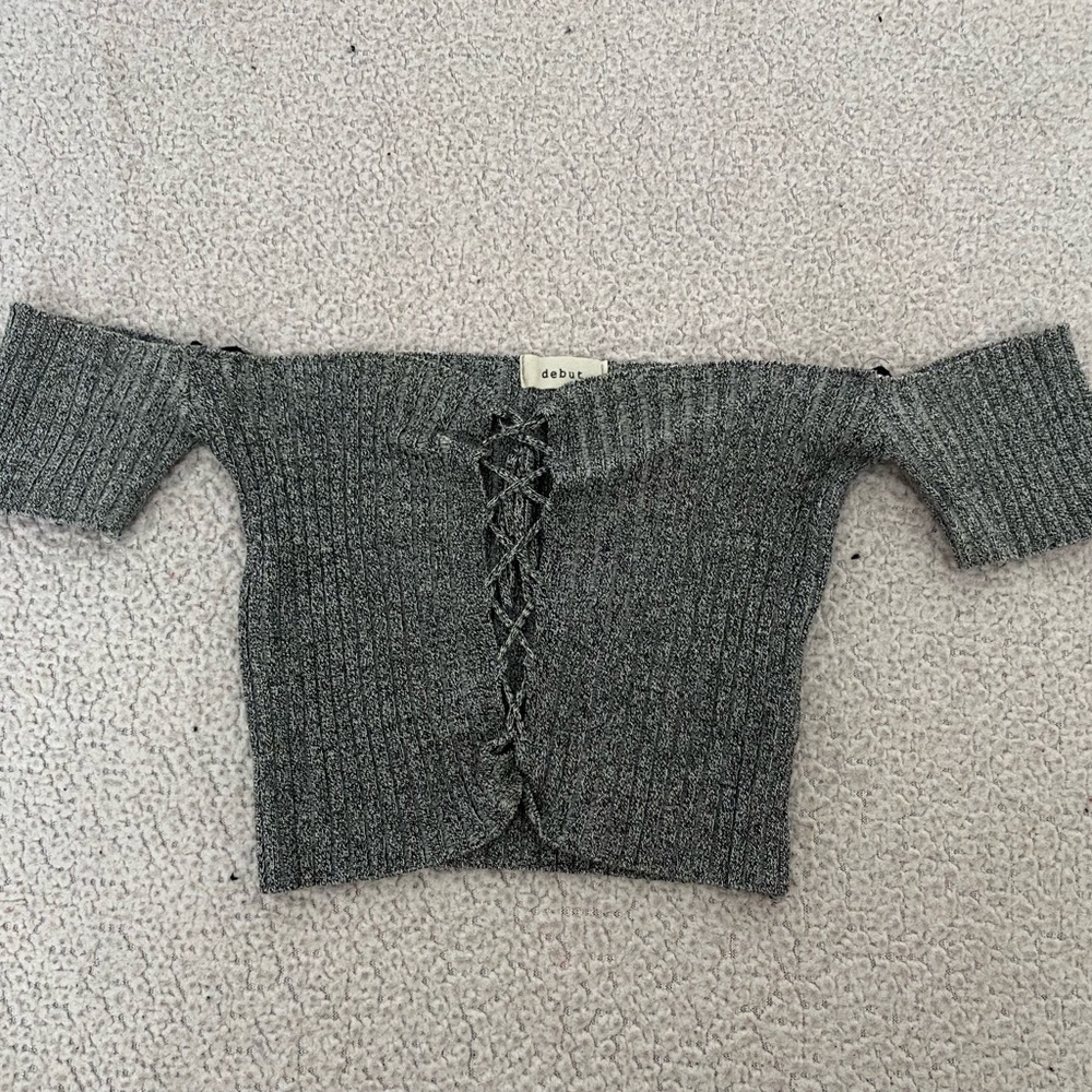Grey crop top off shoulder